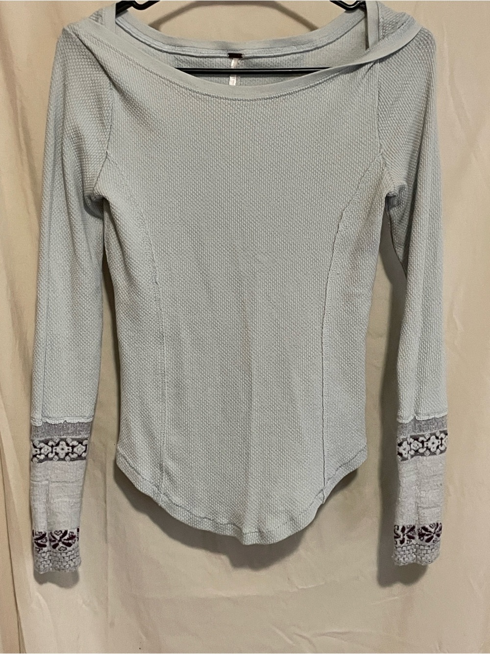 Free People Light Blue Long-Sleeve Waffle Top with Embroidered Sweater Cuffs